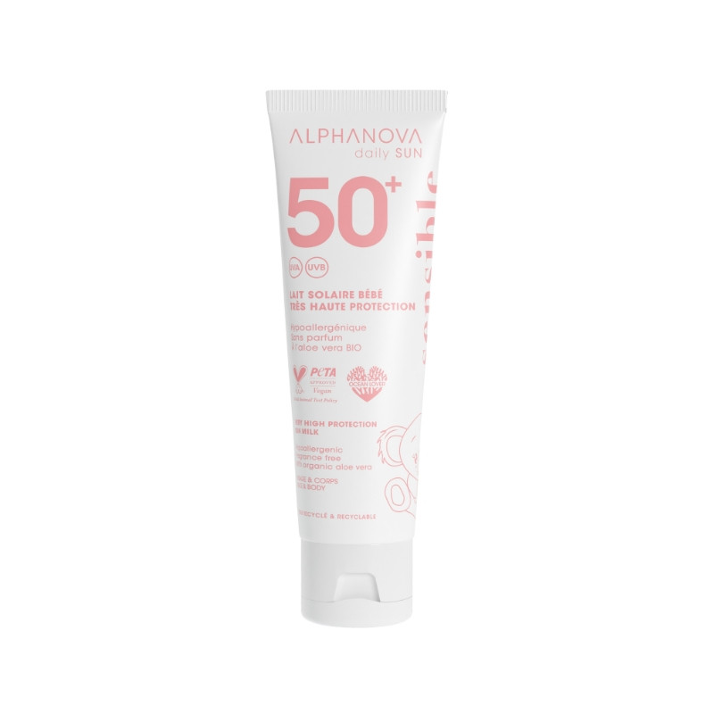 Дитяче сонцезахисне молочко SPF 50+ від народження, легка прозора текстура, ALPHANOVA Daily Sun, 50 мл (AN40)