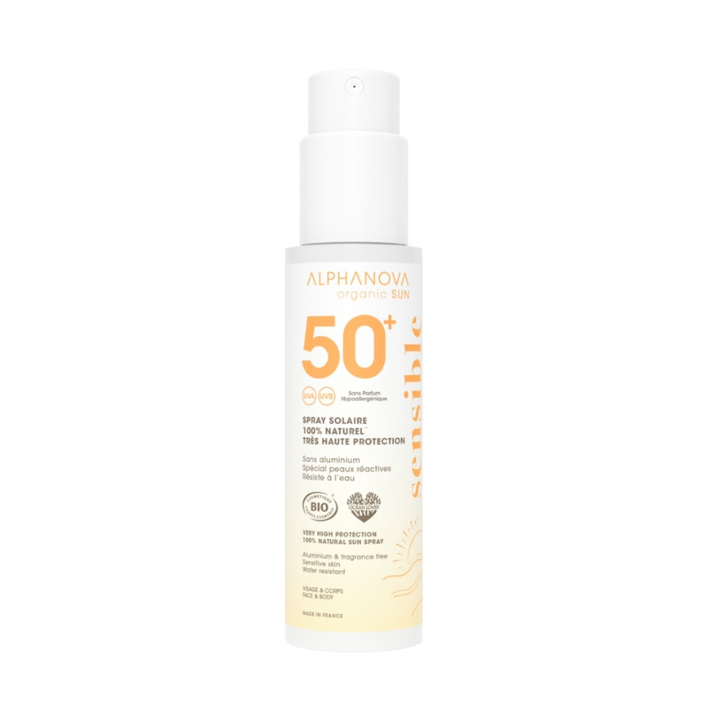 Органічний мінеральний спрей SPF 50+ для чутливої шкіри, ALPHANOVA Organic Sun, 100 г (AN24)
