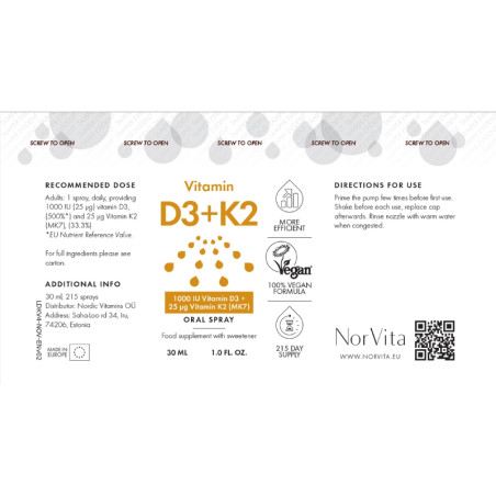 Спрей Вітамін D3+K2 1000 МО з K2 MK7, NorVita, 30 мл (NV29)